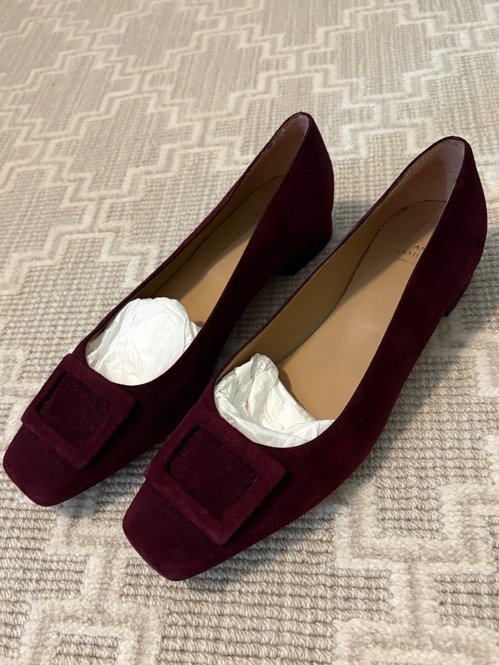 Ann Mashburn Suede Burgundy Buckle Square-Toe Low Block Heel
